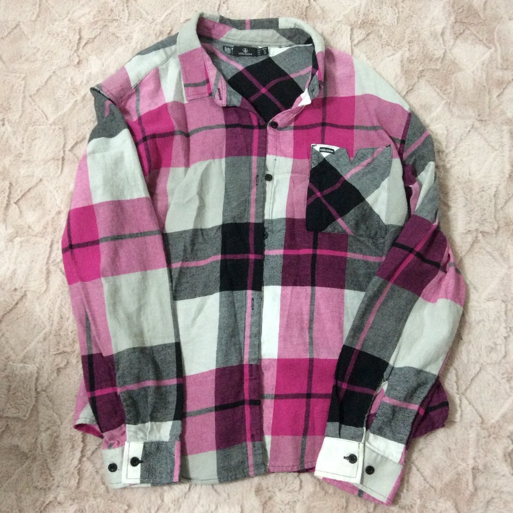 Volcom Women's Pink and Black Plaid Button Down Shirt